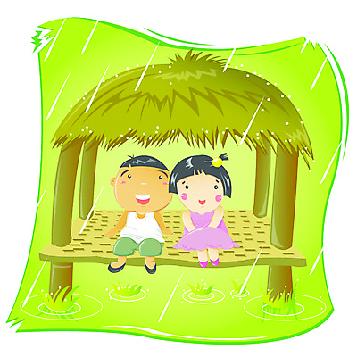 EPS 사계절 계절 여자 남자 어린이라이프 어린이 일러스트 자연 날씨 사람 앉기 소녀 소년 두명 여름 시골 비 원두막 소나기 어린이만 국내일러스트 자연요소 라이프스타일 모션 생태계 파일형식 벡터