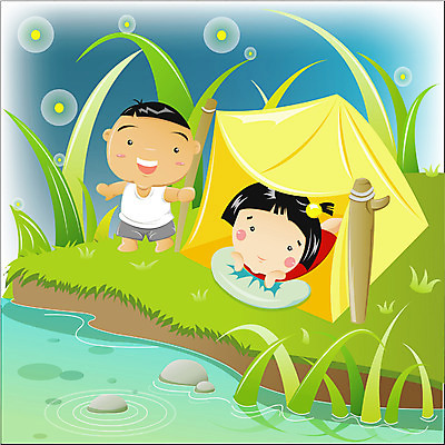 EPS 사계절 계절 여자 남자 어린이라이프 어린이 여행 일러스트 텐트 사람 소녀 소년 야외 두명 여름 캠핑 시골 천막 반딧불이 어린이만 국내일러스트 라이프스타일 곤충 레저 캠핑도구 파일형식 벡터