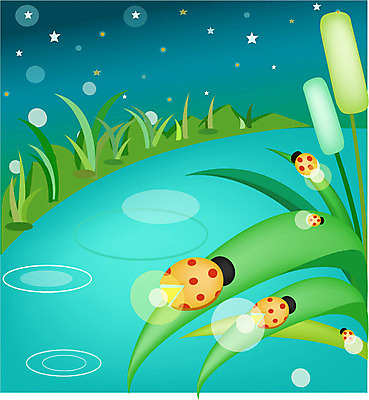EPS 사계절 계절 별 호수 절지류 일러스트 자연 풍경 사람없음 야외 여름 연못 풀잎 벌레 야간 저녁 개똥벌레 반딧불이 소만 국내일러스트 자연요소 동물 곤충 잎 풀_식물 생태계 파일형식 벡터