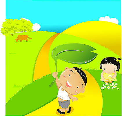 EPS 주간 전신 사계절 계절 여자 남자 어린이라이프 길 어린이 잎 일러스트 하늘 서기 사람 앉기 소녀 소년 야외 두명 여름 시골 언덕 연잎 어린이만 국내일러스트 자연요소 식물 라이프스타일 모션 파일형식 벡터