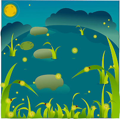 EPS 동물 사계절 계절 호수 절지류 여러마리 일러스트 자연 풍경 사람없음 야외 여름 연못 풀잎 벌레 야간 저녁 숲 반딧불이 소만 국내일러스트 자연요소 다수 곤충 잎 풀_식물 생태계 파일형식 벡터