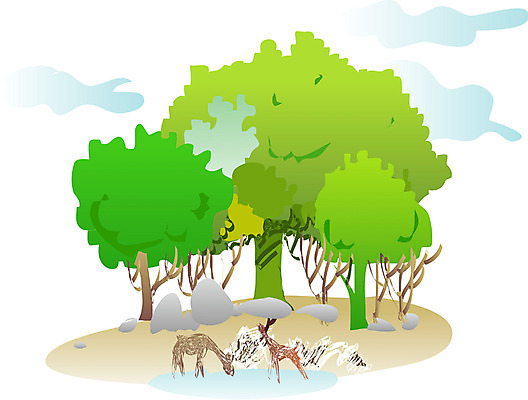 EPS 주간 클립아트 나무 식물 동물 사계절 계절 백그라운드 일러스트 자연 사슴 풍경 사람없음 야외 여름 돌_바위 바위 숲 국내일러스트 자연요소 포유류 생태계 파일형식 벡터