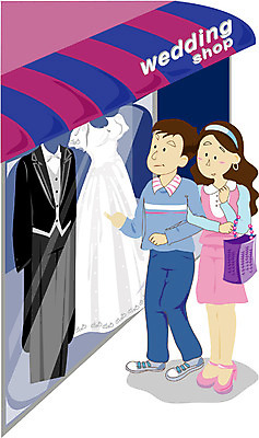 EPS 클립아트 커플 여자 남자 웨딩드레스 결혼 일러스트 사람 정장 턱시도 야외 두명 쇼핑 상점 쇼윈도 외출 준비 옷가게 웨딩샵 국내일러스트 드레스 옷 관계 이벤트 전시 파일형식 벡터
