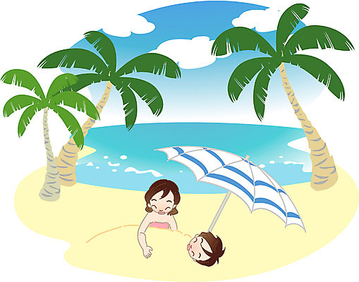 EPS 주간 부부 커플 여자 남자 바다 여행 일러스트 휴가 사람 성인 해변 야외 두명 여름휴가 바캉스 모래사장 야자수 로맨틱 신혼여행 파라솔 휴양지 모래찜질 성인만 국내일러스트 자연요소 나무 결혼 컨셉 관계 장소 파일형식 벡터 여름_계절