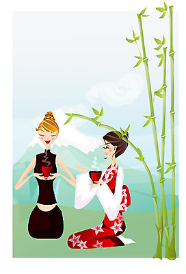 EPS 주간 전신 전통 해외 여자 여행 일러스트 휴가 산 사람 앉기 성인 야외 두명 관광지 일본 차 찻잔 기모노 대나무 여자만 성인여자만 성인만 국내일러스트 자연요소 나무 아시아 음료 모션 잔 일본전통의상 파일형식 벡터