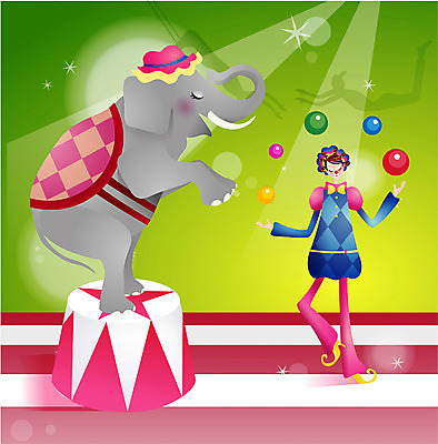 EPS 동물 직업 척추동물 육지동물 문화 예술 일러스트 포유류 코끼리 실내 이벤트 공연 광대 피에로 묘기 서커스 공연예술 국내일러스트 내부 파일형식 벡터