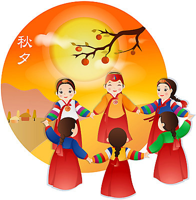 EPS 한국전통 계절 여자 명절 행복 일러스트 사람 여러명 야외 추석 전통놀이 화목 보름달 달 가을 한복 감나무 강강술래 여자만 국내일러스트 자연요소 나무 전통 기념일 감정 다수 컨셉 놀이 한국 감 전통의상 파일형식 벡터