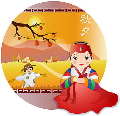 EPS 한국전통 계절 여자 명절 행복 어린이 일러스트 한명 사람 20대 성인 태양 추석 화목 가을 인사 한복 감나무 허수아비 색동저고리 여자만 여자한명만 국내일러스트 자연요소 나무 1 전통 기념일 감정 컨셉 농업 한국 감 청년 예절 전통의상 저고리 파일형식 벡터