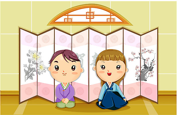 EPS 여자 명절 남자 일러스트 새해 실내 사람 이벤트 두명 설날 추석 절 한복 이미지다이어리 세배 연초 국내일러스트 한국전통 전통 기념일 내부 인사 절_인사 전통의상 파일형식 벡터