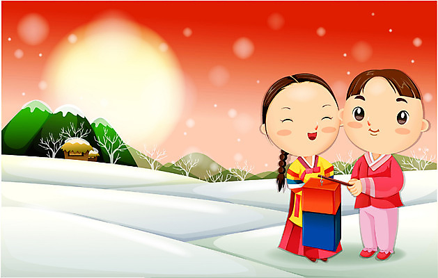 EPS 전통 계절 여자 명절 남자 겨울 일러스트 새해 사람 이벤트 야외 두명 설날 인사 한복 이미지다이어리 청사초롱 연초 국내일러스트 한국전통 기념일 예절 전통의상 초롱 파일형식 벡터