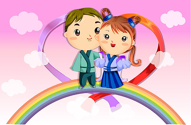 EPS 한국문화 한국전통 커플 여자 명절 남자 무지개 일러스트 전래동화 사랑 사람 두명 이미지다이어리 견우 칠석 직녀 국내일러스트 자연요소 동양문화 전통 기념일 감정 관계 동화 한국 파일형식 벡터