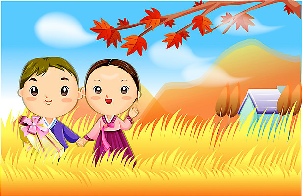 EPS 주간 전통 계절 여자 명절 남자 일러스트 논 선물 사람 야외 두명 추석 벼 가을 농촌 한복 이미지다이어리 귀향 추석선물 국내일러스트 자연요소 한국전통 기념일 농업 곡류 시골 전통의상 파일형식 벡터 명절선물