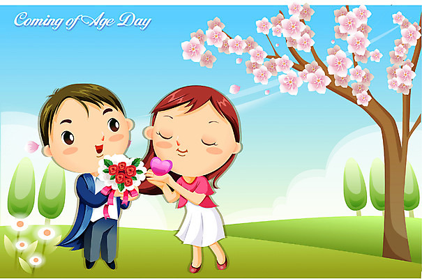 EPS 주간 커플 여자 남자 꽃다발 데이트 일러스트 사랑 사람 이벤트 야외 두명 로맨틱 이미지다이어리 성년의날 국내일러스트 자연요소 기념일 꽃 감정 컨셉 관계 파일형식 벡터