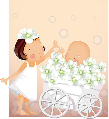 EPS 전신 식물 사계절 계절 여자 남자 꽃 일러스트 자연 서기 사람 두명 여름 수레 아기 순수 즐거움 마차 꽃마차 물매화 아기만 국내일러스트 감정 교통수단 컨셉 모션 카트 생태계 파일형식 벡터