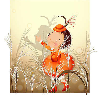 EPS 전신 사계절 계절 여자 초등학생 어린이 일러스트 갈대 한명 서기 사람 소녀 가을 여자만 여자한명만 어린이만 소녀만 소녀한명만 국내일러스트 식물 1 학생 모션 파일형식 벡터
