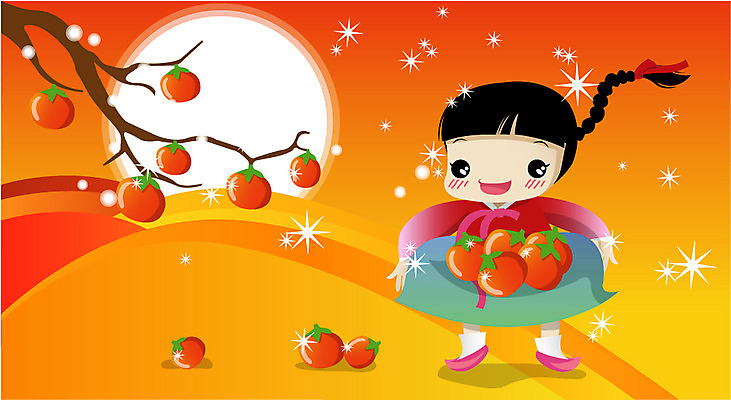 EPS 전신 여자 명절 초등학생 어린이 일러스트 감 한명 서기 사람 소녀 야외 추석 가을 한복 감나무 즐거움 여자만 여자한명만 어린이만 소녀만 소녀한명만 국내일러스트 나무 1 학생 한국전통 전통 계절 기념일 감정 과일 모션 전통의상 파일형식 벡터