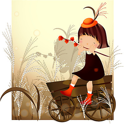 EPS 전신 사계절 계절 여자 초등학생 어린이 일러스트 갈대 한명 사람 앉기 소녀 수레 가을 마차 여자만 여자한명만 어린이만 소녀만 소녀한명만 국내일러스트 식물 1 학생 교통수단 모션 카트 파일형식 벡터