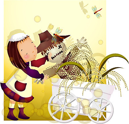 EPS 전신 사계절 계절 여자 초등학생 어린이 일러스트 한명 서기 사람 소녀 수레 벼 쌀 가을 농촌 허수아비 여자만 여자한명만 어린이만 소녀만 소녀한명만 국내일러스트 1 학생 농업 모션 곡류 카트 시골 파일형식 벡터