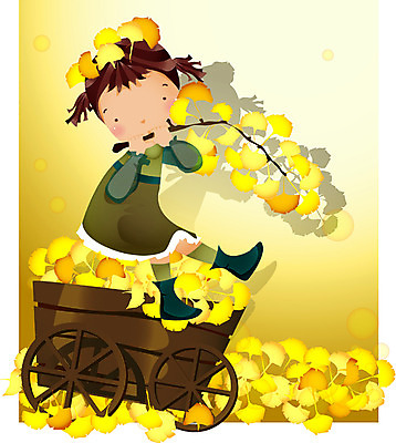 EPS 전신 사계절 계절 여자 남자 어린이 단풍 낙엽 일러스트 자연 한명 사람 앉기 소녀 수레 가을 은행잎 은행나무 어린이만 국내일러스트 나무 1 잎 모션 카트 생태계 파일형식 벡터