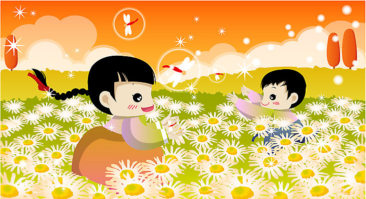 EPS 여자 명절 남자 어린이 꽃밭 일러스트 사람 앉기 풍경 소녀 소년 초원 상반신 야외 추석 들꽃 가을 잠자리 한복 즐거움 어린이만 국내일러스트 한국전통 전통 계절 기념일 꽃 감정 곤충 모션 전통의상 파일형식 벡터