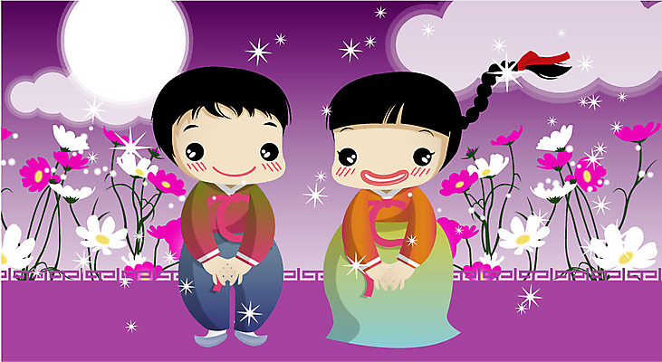 EPS 전신 커플 여자 명절 남자 어린이 일러스트 서기 사람 소녀 소년 야외 두명 추석 가을 인사 한복 코스모스 어린이만 국내일러스트 한국전통 전통 계절 기념일 꽃 관계 모션 예절 전통의상 파일형식 벡터