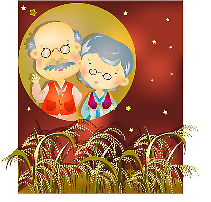 EPS 부부 커플 여자 명절 할아버지 노년 남자 할머니 일러스트 논 사람 상반신 야외 두명 추석 노부부 벼 보름달 달 가을 실버 야간 한복 즐거움 노인만 성인만 국내일러스트 자연요소 한국전통 전통 계절 기념일 감정 농업 관계 곡류 성인 전통의상 파일형식 벡터