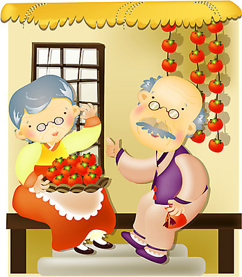 EPS 전신 여자 명절 할아버지 노년 남자 할머니 일러스트 한국 감 사람 앉기 풍경 두명 추석 노부부 가을 시골 실버 노인만 성인만 국내일러스트 전통 부부 계절 기념일 아시아 과일 모션 성인 파일형식 벡터
