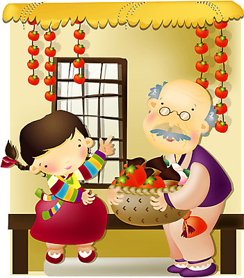 EPS 전신 여자 명절 할아버지 남자 일러스트 가족 손녀 한국 감 사람 풍경 두명 추석 가을 시골 시골집 노인만 성인만 국내일러스트 전통 계절 기념일 노년 아시아 과일 관계 주택 손주 파일형식 벡터