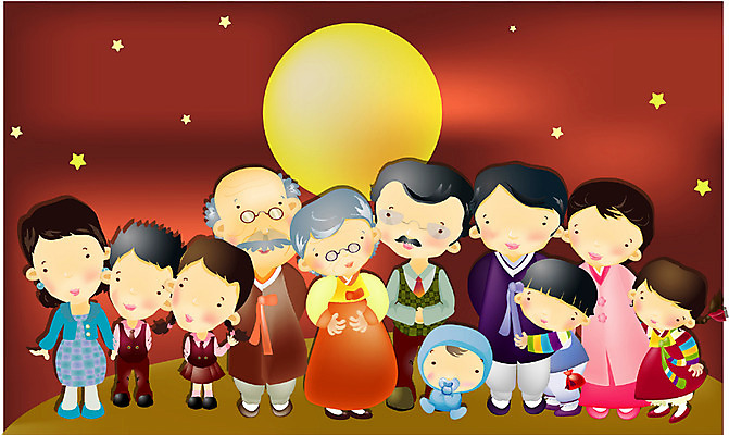 EPS 전신 여자 명절 남자 일러스트 가족 대가족 한국 서기 사람 여러명 야외 추석 보름달 달 가을 야간 국내일러스트 자연요소 전통 계절 기념일 아시아 다수 관계 모션 파일형식 벡터