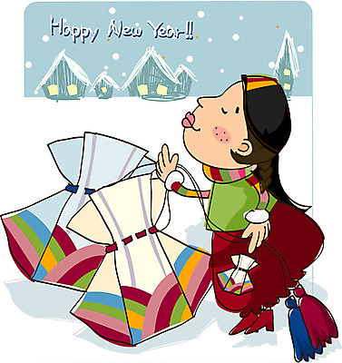 EPS 전신 전통 여자 명절 어린이 겨울 일러스트 새해 복주머니 한명 서기 사람 소녀 야외 10대 설날 한복 여자만 여자한명만 소녀만 국내일러스트 1 한국전통 계절 기념일 모션 청소년 전통소품 전통의상 어린이만 파일형식 벡터