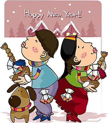 EPS 전신 여자 명절 남자 반려견 어린이 겨울 일러스트 새해 복주머니 한국 서기 사람 소녀 소년 야외 두명 설날 개 어린이만 국내일러스트 전통 계절 기념일 아시아 포유류 모션 전통소품 반려동물 파일형식 벡터