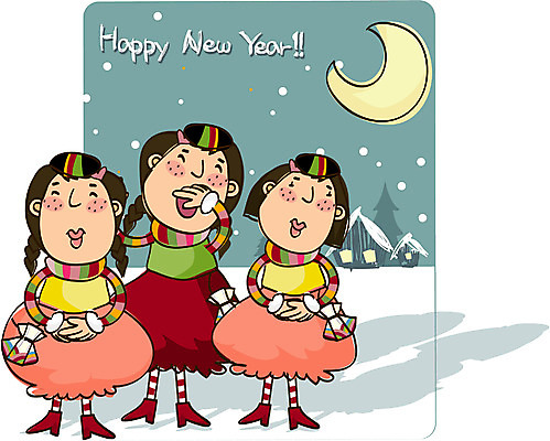 EPS 전신 여자 명절 어린이 겨울 일러스트 새해 서기 사람 소녀 야외 세명 설날 야간 초승달 한복 여자만 어린이만 소녀만 국내일러스트 자연요소 한국전통 전통 계절 기념일 모션 달 전통의상 파일형식 벡터