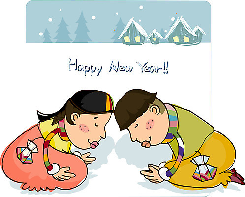 EPS 전신 커플 여자 명절 남자 어린이 겨울 일러스트 새해 사람 소녀 소년 야외 두명 설날 달 인사 절 한복 세배 어린이만 국내일러스트 자연요소 한국전통 전통 계절 기념일 관계 예절 절_인사 전통의상 파일형식 벡터