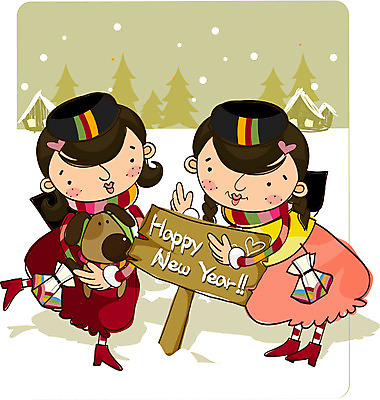 EPS 전신 여자 명절 반려견 어린이 겨울 일러스트 새해 한국 서기 사람 소녀 야외 두명 설날 개 여자만 어린이만 소녀만 국내일러스트 전통 계절 기념일 아시아 포유류 모션 반려동물 파일형식 벡터