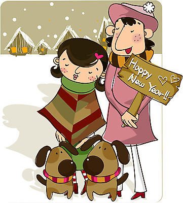 EPS 전신 여자 명절 반려견 겨울 일러스트 새해 한국 서기 사람 야외 두명 설날 개 여자만 국내일러스트 전통 계절 기념일 아시아 포유류 모션 반려동물 파일형식 벡터