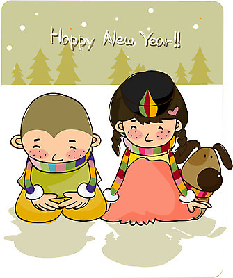 EPS 전신 여자 명절 남자 어린이 겨울 일러스트 새해 한국 사람 앉기 소녀 소년 야외 두명 설날 새해인사 절 개 어린이만 국내일러스트 전통 계절 기념일 아시아 포유류 모션 인사 파일형식 벡터