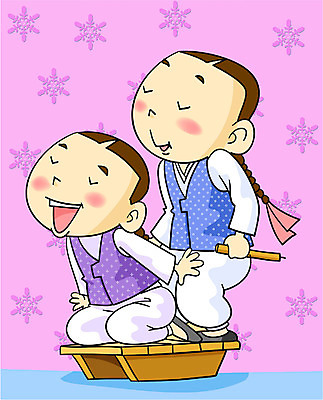 EPS 한국문화 한국전통 계절 남자 어린이 겨울 일러스트 한국 사람 소년 두명 친구 전통놀이 한복 형제 썰매 썰매타기 얼음썰매 남자만 어린이만 국내일러스트 동양문화 전통 아시아 가족 관계 놀이 전통의상 파일형식 벡터