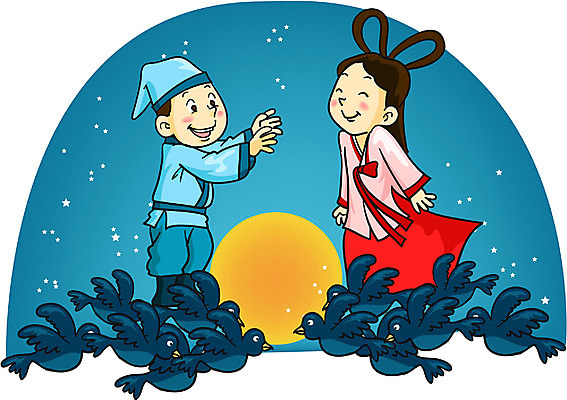 EPS 한국문화 한국전통 커플 여자 명절 남자 별 일러스트 전래동화 사람 야외 두명 마주보기 달 야간 까치 견우 칠석 오작교 직녀 국내일러스트 자연요소 동양문화 전통 기념일 관계 모션 조류 동화 한국 파일형식 벡터