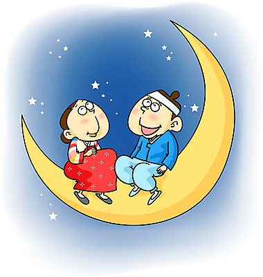 EPS 전신 전통 부부 커플 여자 남자 별 일러스트 상상 사랑 사람 앉기 야외 두명 달 야간 초승달 한복 국내일러스트 자연요소 한국전통 감정 관계 모션 전통의상 파일형식 벡터