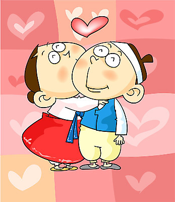 EPS 전신 전통 부부 커플 여자 남자 일러스트 키스 사랑 서기 사람 두명 한복 국내일러스트 한국전통 감정 관계 모션 전통의상 애정표현 파일형식 벡터