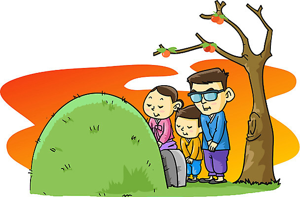 EPS 전신 전통 여자 명절 남자 일러스트 가족 서기 사람 야외 세명 설날 추석 가을 무덤 한복 성묘 국내일러스트 한국전통 계절 기념일 관계 모션 전통의상 파일형식 벡터