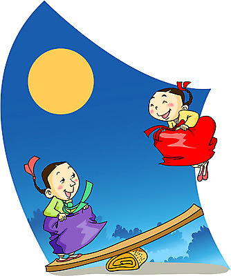 EPS 전신 한국문화 한국전통 전통 여자 명절 일러스트 한국 사람 성인 야외 두명 설날 추석 전통놀이 보름달 달 야간 널뛰기 여자만 성인여자만 성인만 국내일러스트 자연요소 동양문화 기념일 아시아 놀이 파일형식 벡터