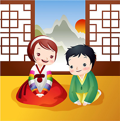 EPS 주간 커플 여자 명절 남자 일러스트 하늘 새해 실내 사람 두명 설날 추석 절 전통의상 한복 세배 국내일러스트 자연요소 한국전통 전통 기념일 관계 내부 인사 절_인사 파일형식 벡터