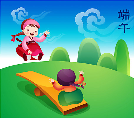 EPS 전통 여자 명절 일러스트 하늘 사람 두명 추석 전통놀이 전통의상 한복 널뛰기 단오 여자만 국내일러스트 한국전통 기념일 놀이 파일형식 벡터