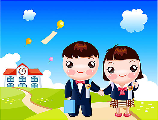 EPS 주간 여자 어린이교육 교육 남자 어린이 일러스트 학교 가족 하늘 한국 사람 이벤트 야외 두명 이름표 입학 시작 손수건 풍선 입학식 어린이만 국내일러스트 자연요소 아시아 관계 파일형식 벡터