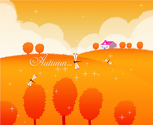 EPS 주간 나무 사계절 계절 컬러 백그라운드 일러스트 자연 주택 풍경 초원 사람없음 야외 주황색 가을 잠자리 추분 가을배경 국내일러스트 자연요소 식물 곤충 건물 절기 생태계 파일형식 벡터 가을_계절