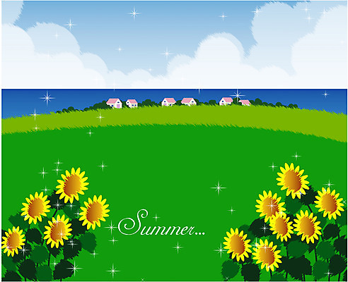 EPS 주간 사계절 계절 꽃 바다 백그라운드 일러스트 자연 해바라기 주택 풍경 초원 사람없음 야외 여름 마을 소만 국내일러스트 자연요소 식물 건물 생태계 파일형식 벡터