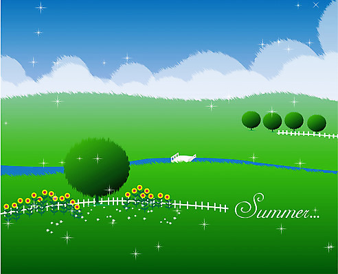 EPS 주간 나무 사계절 계절 백그라운드 일러스트 자연 해바라기 풍경 초원 사람없음 야외 여름 울타리 개울 소만 가교 국내일러스트 자연요소 식물 건축물 꽃 담장 강 생태계 파일형식 벡터