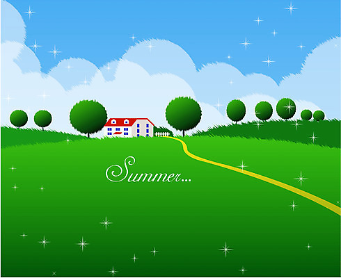 EPS 주간 나무 사계절 계절 백그라운드 일러스트 자연 하늘 주택 풍경 초원 사람없음 야외 여름 마을 소만 국내일러스트 자연요소 식물 건물 생태계 파일형식 벡터