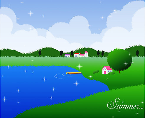 EPS 주간 나무 사계절 계절 호수 백그라운드 일러스트 자연 산 주택 풍경 초원 사람없음 야외 여름 강 마을 소만 국내일러스트 자연요소 식물 건물 생태계 파일형식 벡터